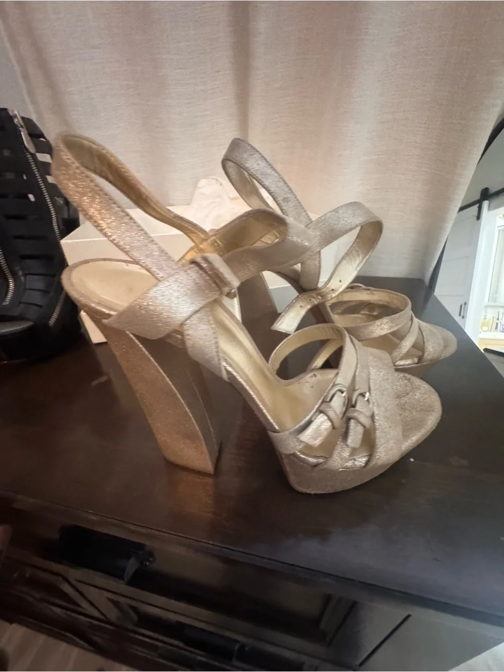 Casadei Gold Glitter Platform Slingback Heels with Buckle Detail